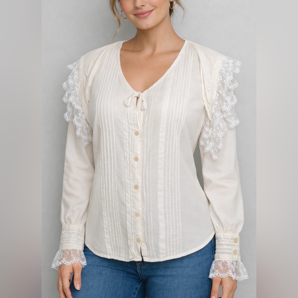Vintage Gary Frederic Linen Lace Prairie Blouse Romantic Victorian Boho 12